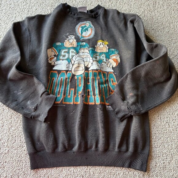 Tultex XL Dolphins Flinstones Sweatshirt Grunge Faded Football Black Vintage - Picture 2 of 13